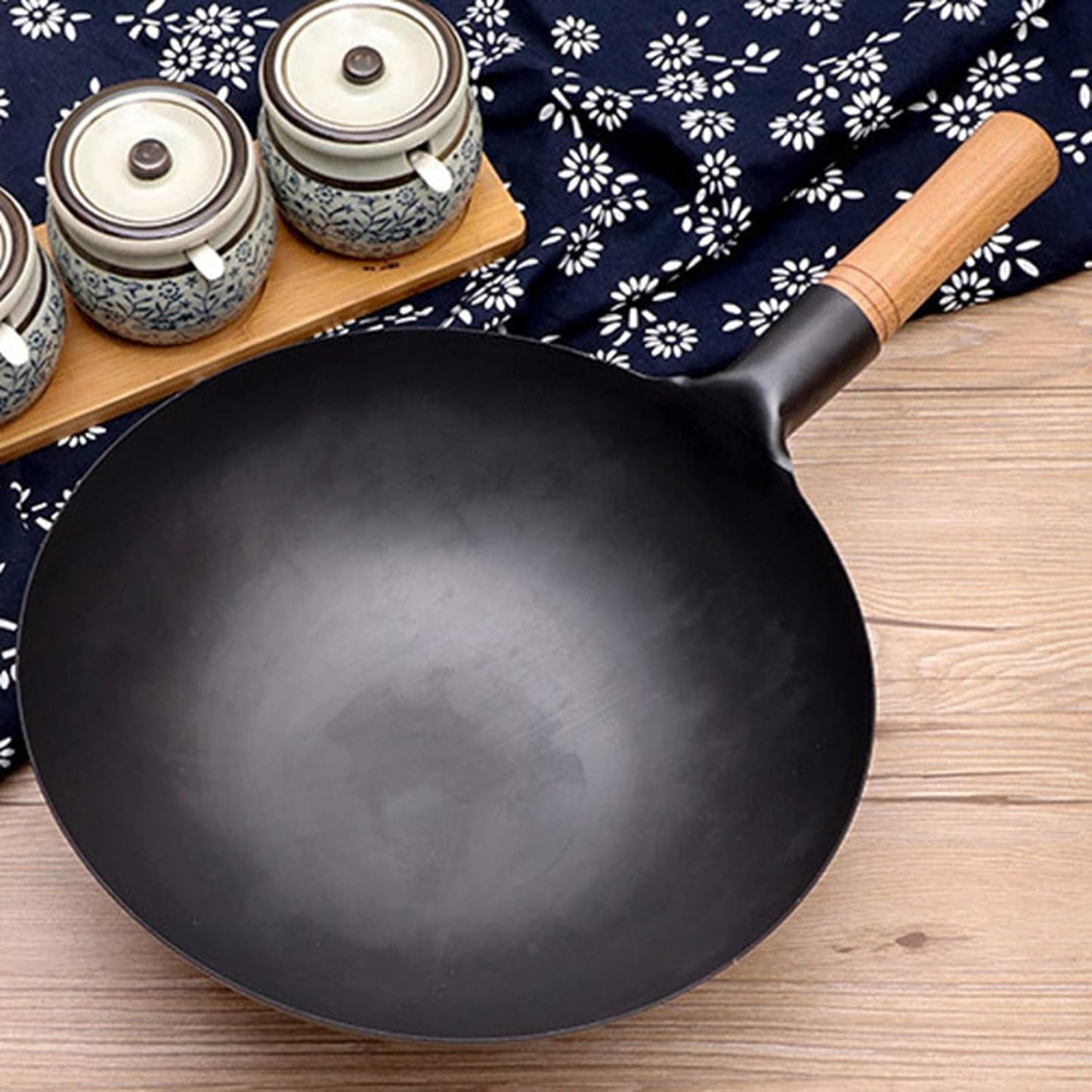 RAYCRAFT WORLD Wok Pan, Woks & Black Carbon Steel Stir Fry Pans, Gas, Cooktop, No Chemical Coated, Round Bottom Chinese Wok