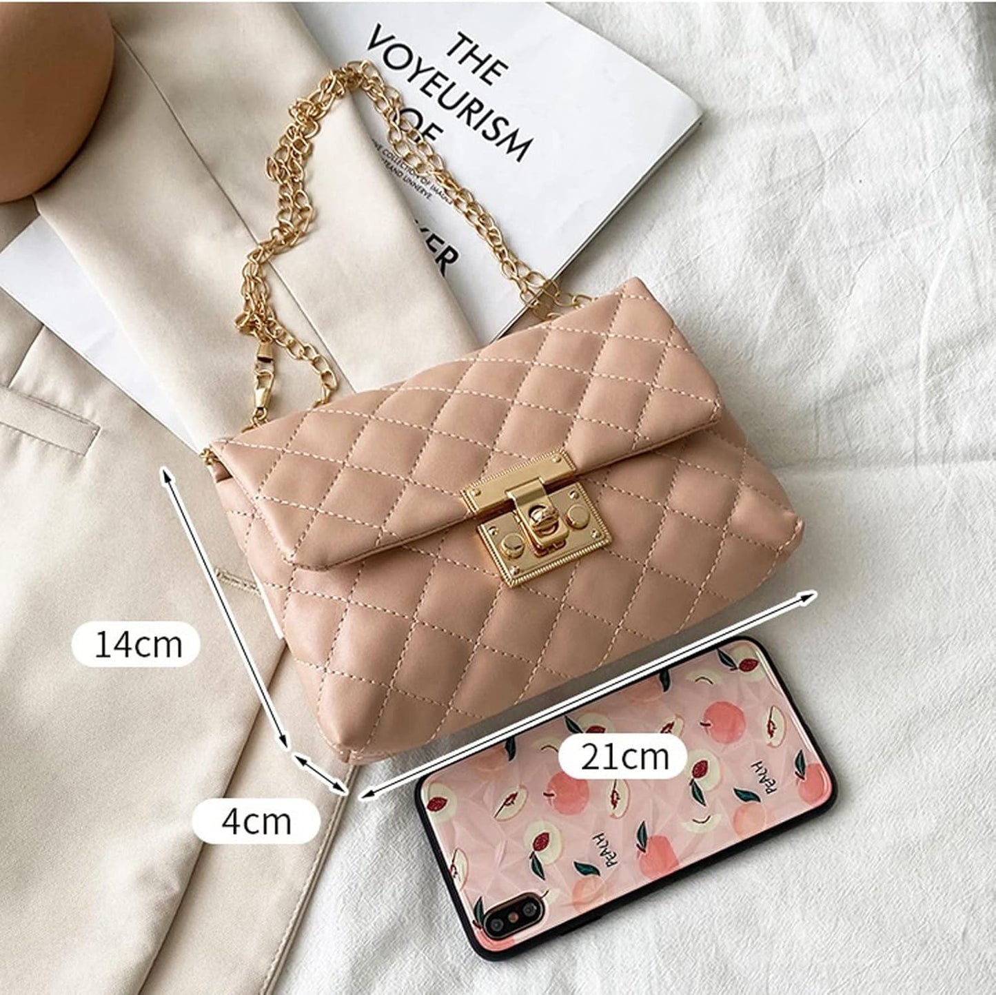 RAYCRAFT WORLD Quilted Crossbody Handbag with Gold Chain Strap, Faux Leather, suitable for both casual outings and formal occasions with timeless appeal, Metal Lock Closure