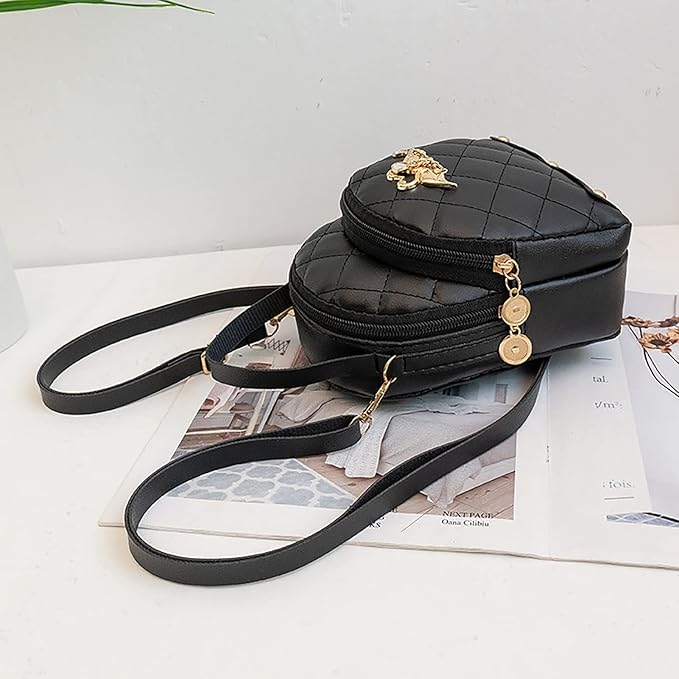 RAYCRAFT WORLD Mini Quilted Backpack Purse with Flamingo Charm, PU Leather, Dual gold-tone swan charm with heart-shaped heads and dangling pearl-like beads, Crossbody Strap
