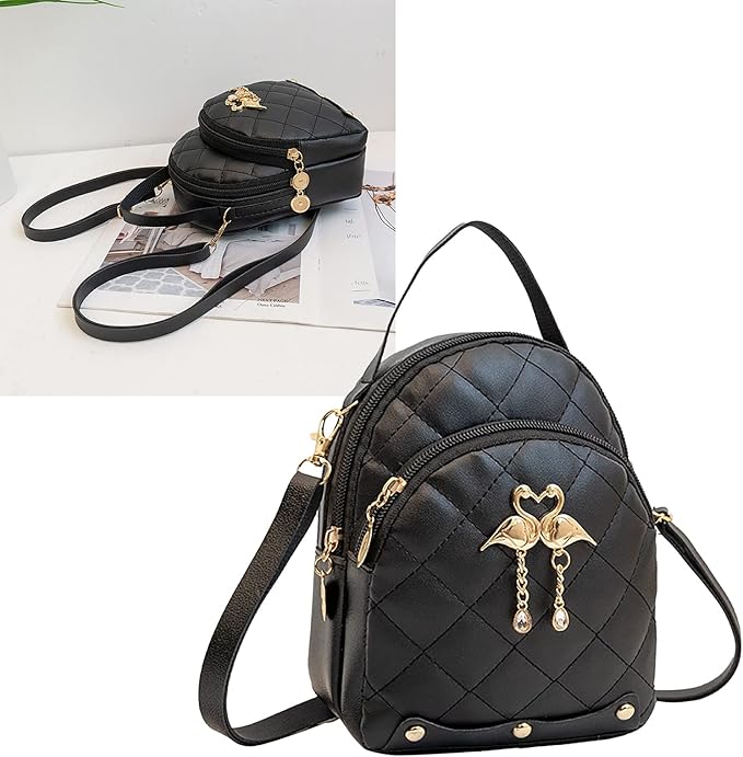 RAYCRAFT WORLD Mini Quilted Backpack Purse with Flamingo Charm, PU Leather, Dual gold-tone swan charm with heart-shaped heads and dangling pearl-like beads, Crossbody Strap