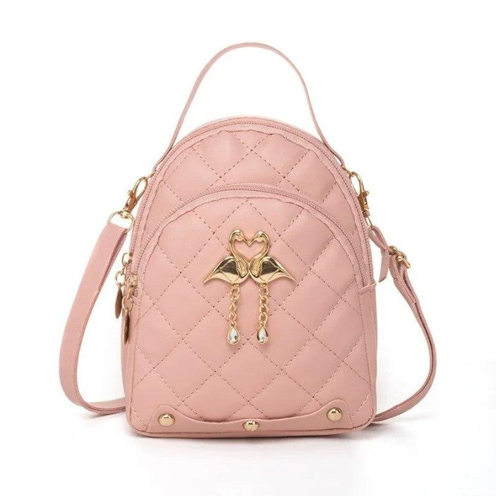 RAYCRAFT WORLD Mini Quilted Backpack Purse with Flamingo Charm, PU Leather, Dual gold-tone swan charm with heart-shaped heads and dangling pearl-like beads, Crossbody Strap