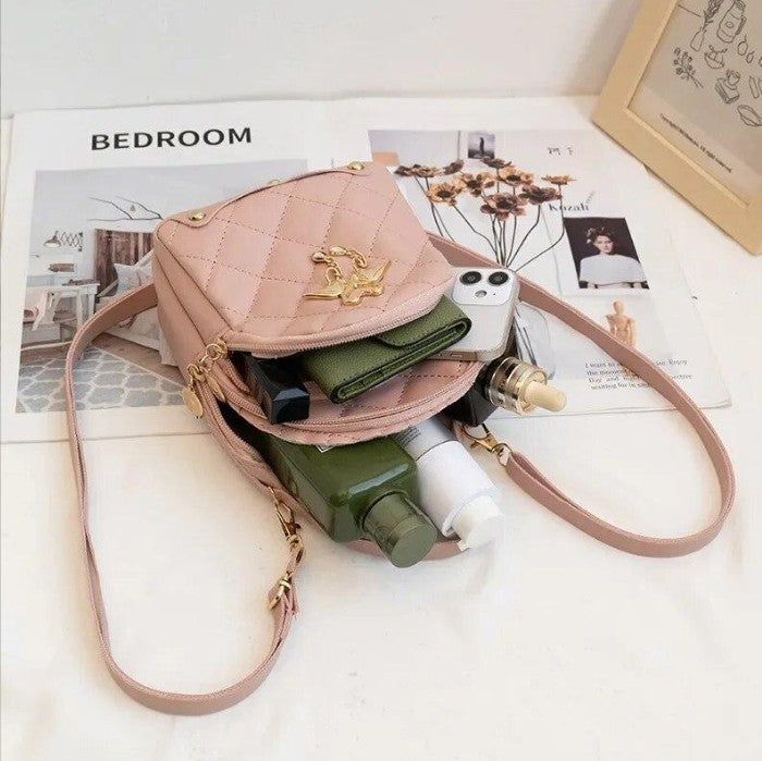 RAYCRAFT WORLD Mini Quilted Backpack Purse with Flamingo Charm, PU Leather, Dual gold-tone swan charm with heart-shaped heads and dangling pearl-like beads, Crossbody Strap