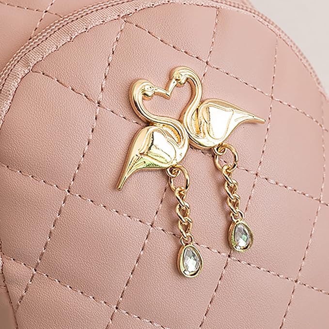 RAYCRAFT WORLD Mini Quilted Backpack Purse with Flamingo Charm, PU Leather, Dual gold-tone swan charm with heart-shaped heads and dangling pearl-like beads, Crossbody Strap