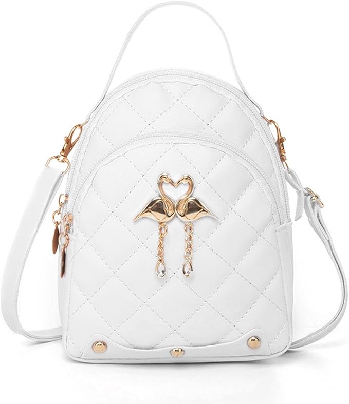 RAYCRAFT WORLD Mini Quilted Backpack Purse with Flamingo Charm, PU Leather, Dual gold-tone swan charm with heart-shaped heads and dangling pearl-like beads, Crossbody Strap
