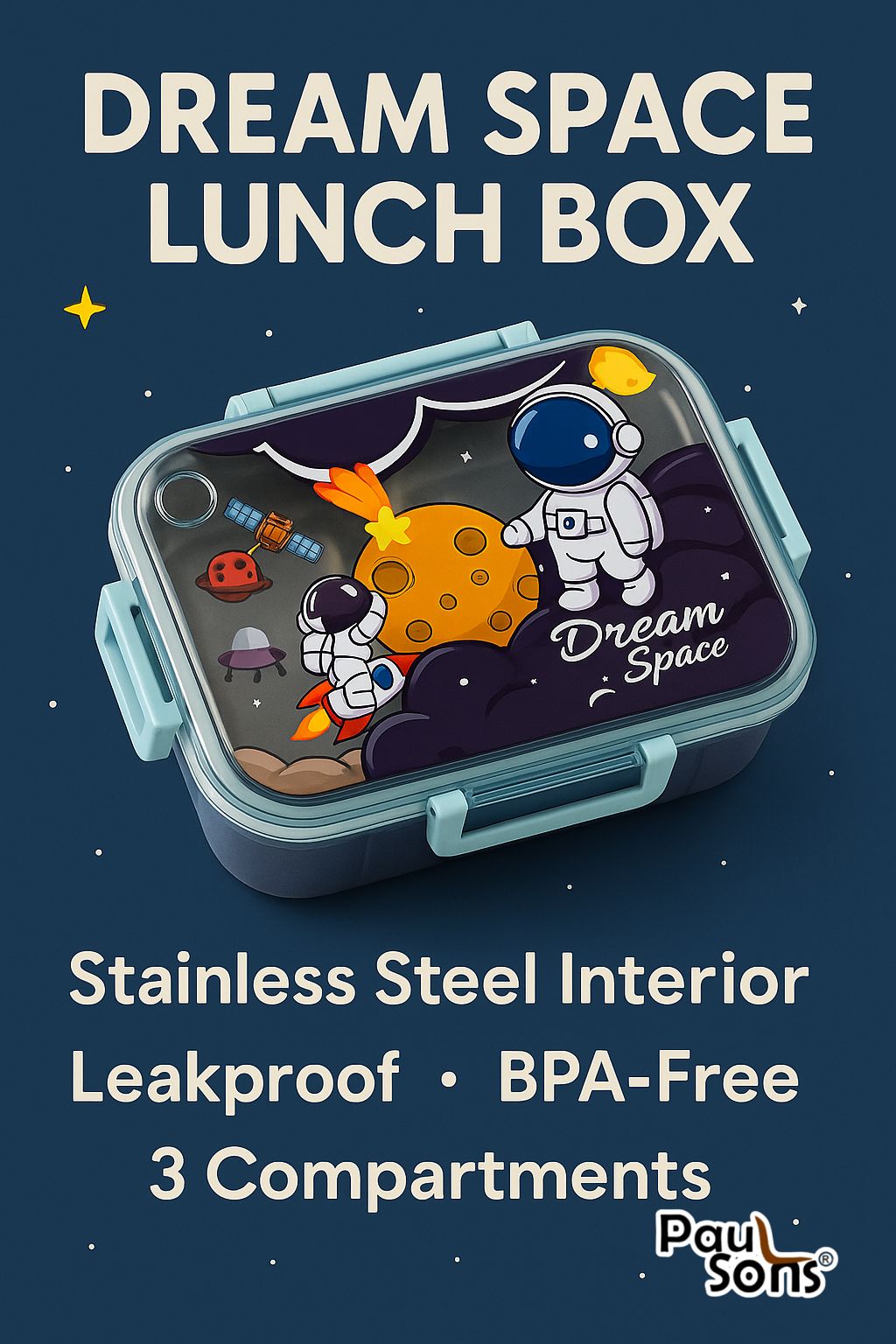 RAYCRAFT WORLD Blue Color Space Print 3 pc 3 Partitions 750ml Kids Lunch Box with Design, Leakproof Bento Box, Spoon, Chopsticks & Container with Lid