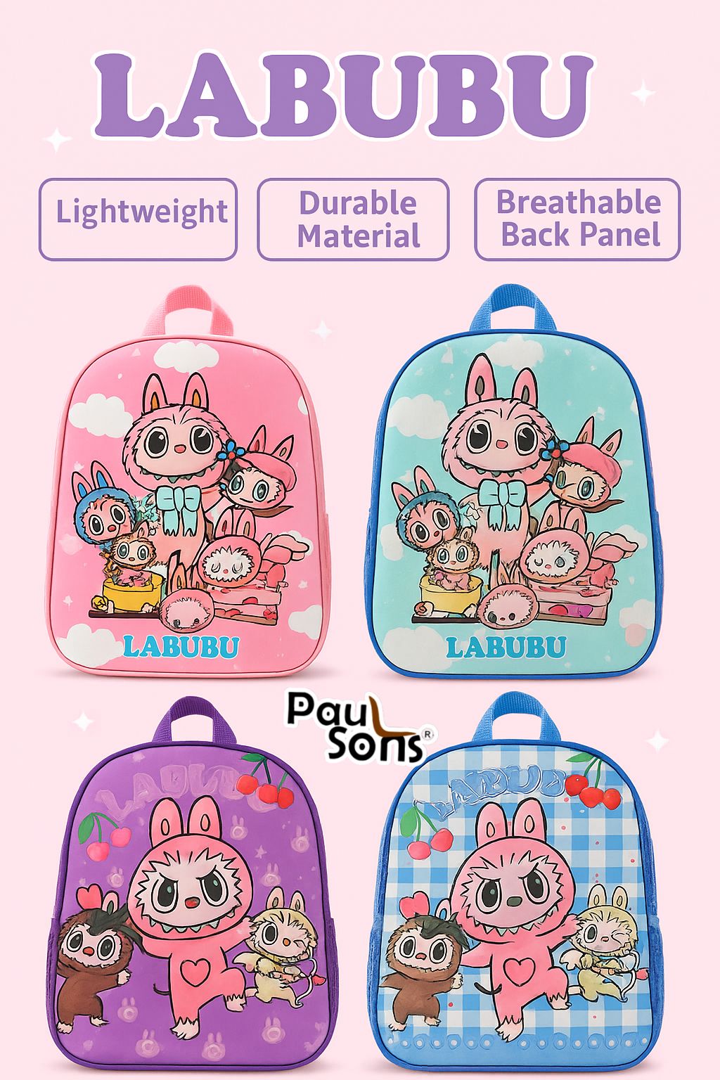 RAYCRAFT WORLD Small 3D Print Lightweight Labubu Design Kids Backpack (MULTIPLE COLOR PACK OF 1)